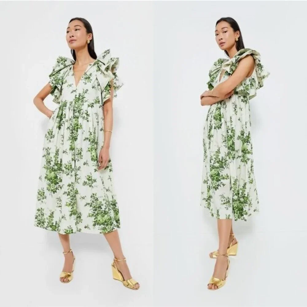 Tuckernuck NEW Limelight Bouquet Mariana Ruffle Formal Green Midi Dress Size S - Picture 2 of 11